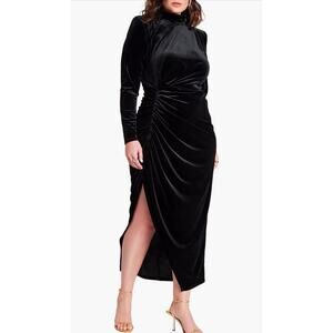 ELOQUII Plus Black Stretch Velvet Mock Neck Ruched Midi Party Dress Sz 18 NWT